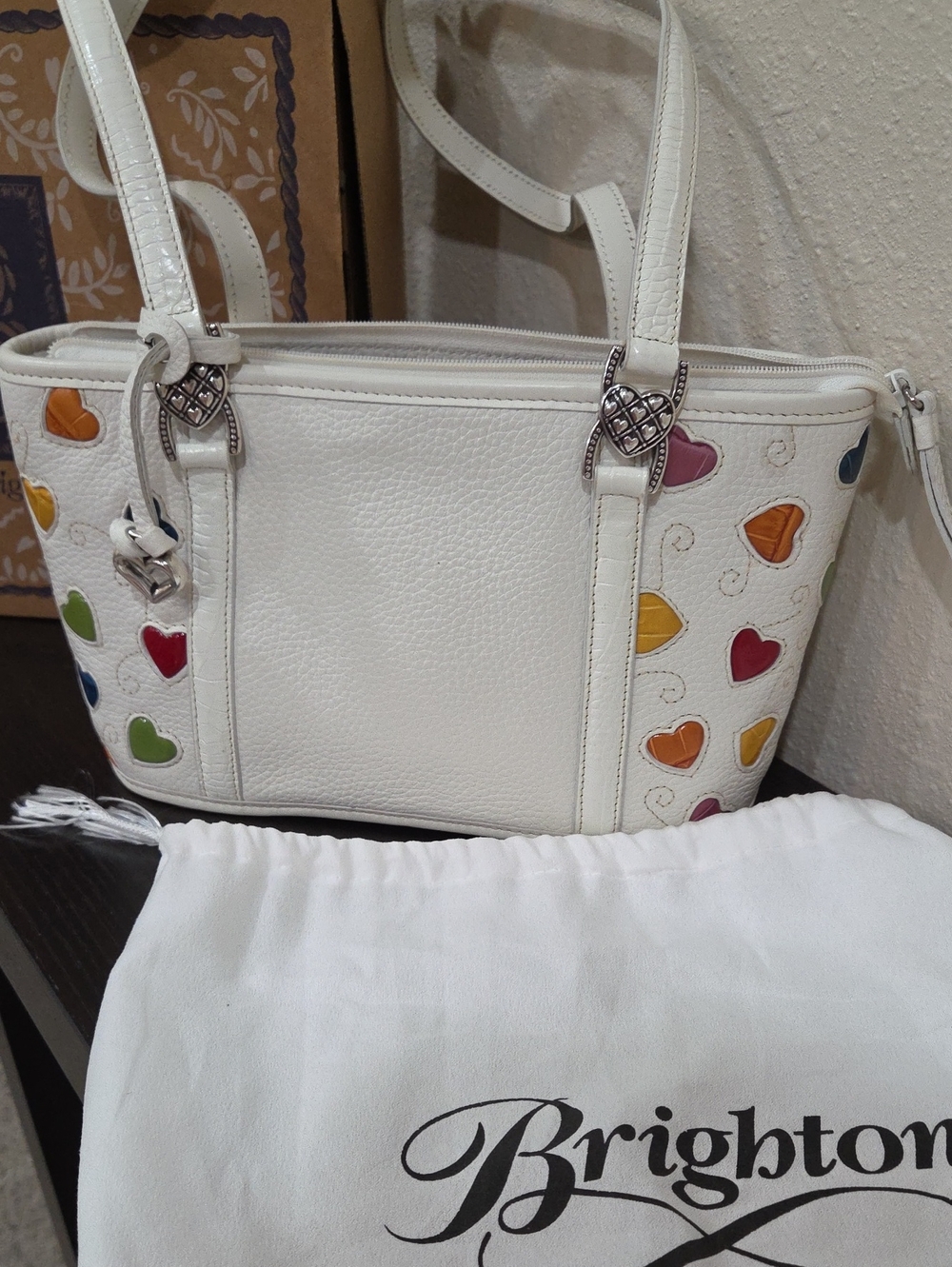 Brighton White Shoulder Bag with Multicolor Hearts With Box And Dust Cover
